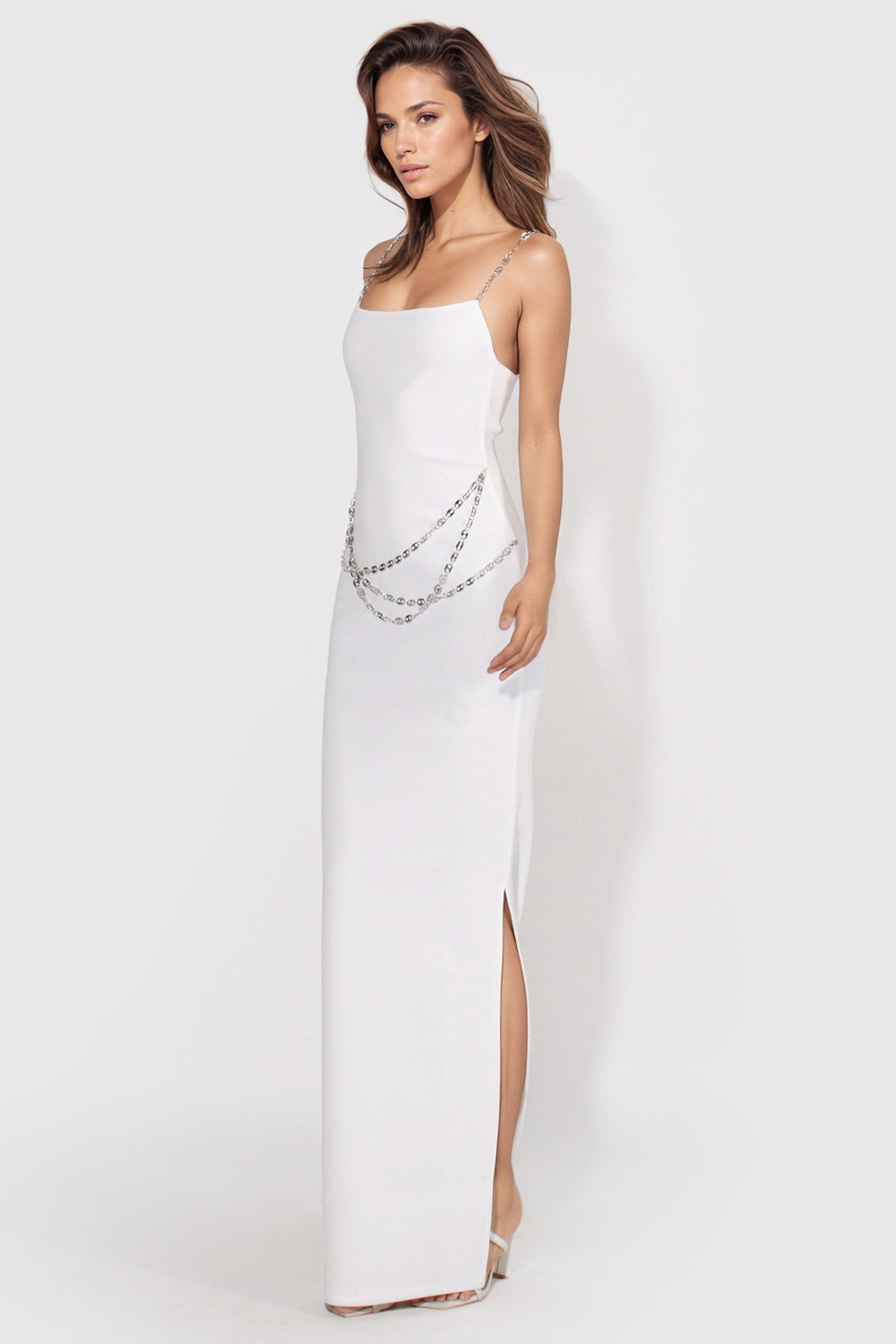 Fitted Midi Dress with Waist Chains - White