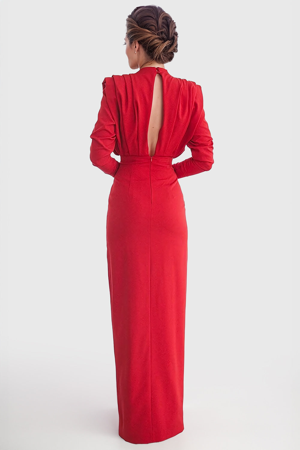 Sophisticated Long-Sleeve Maxi Dress with High Slit - Red
