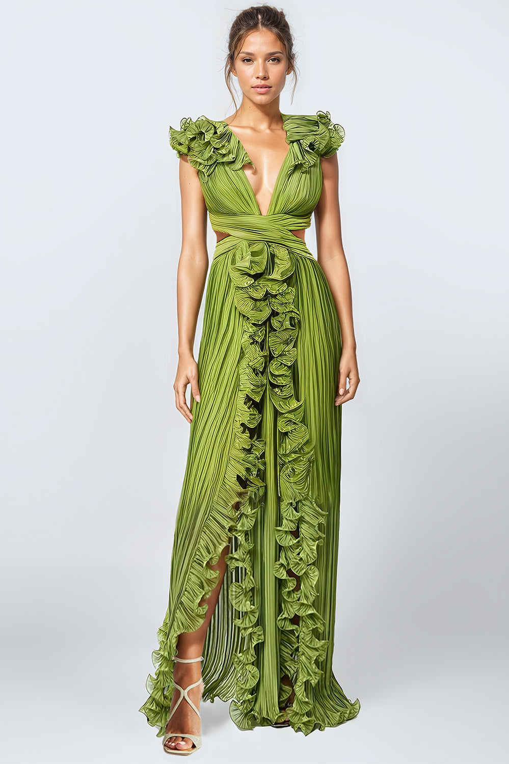 Sleeveless Ruffled Maxi Dress - Green