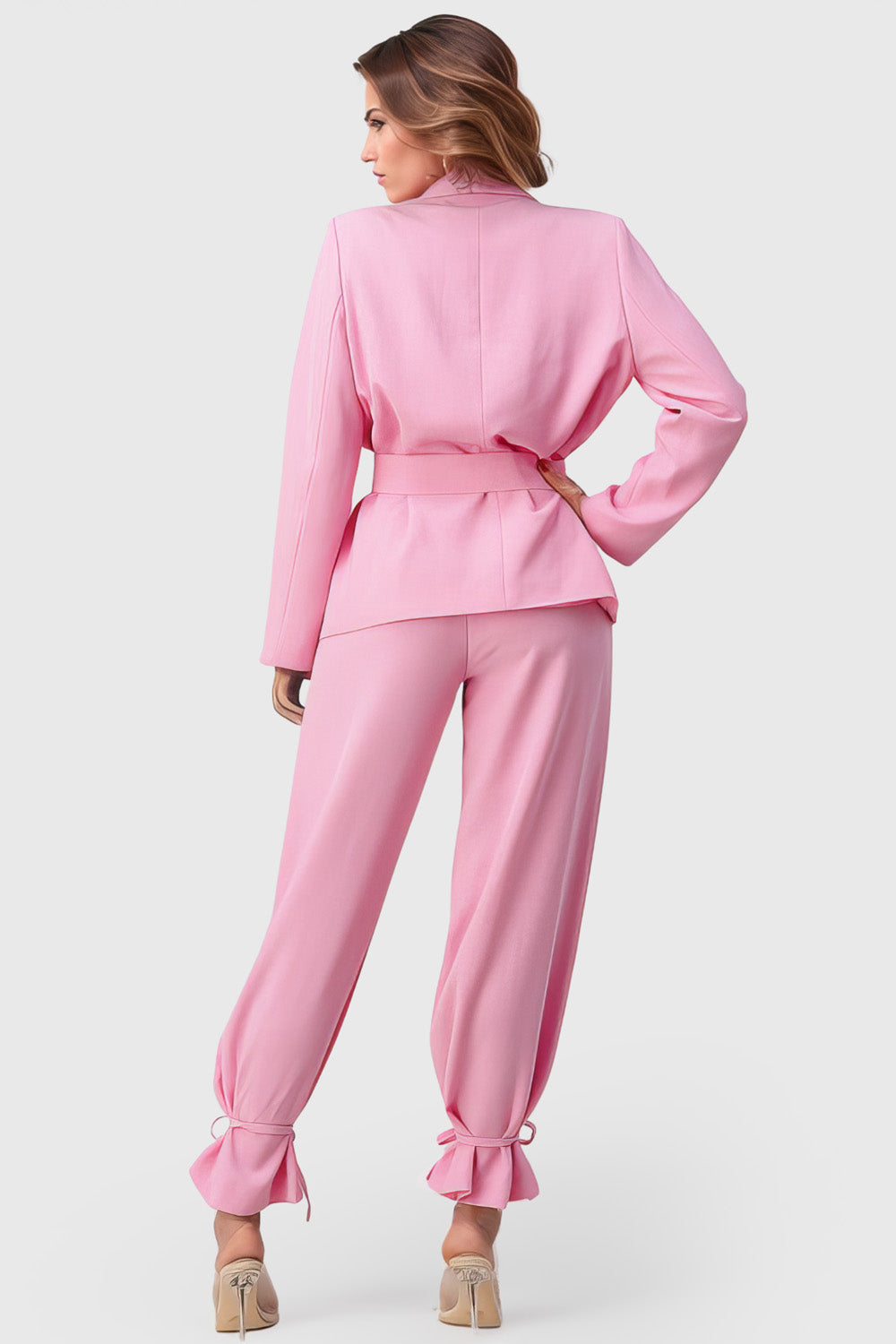 Suit with Belted Blazer and Adjustable Trousers - Pink