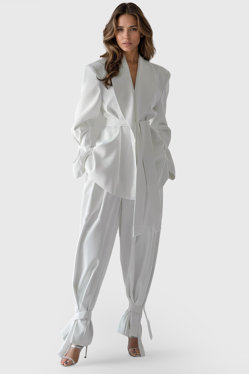 Suit with Belted Blazer and Adjustable Trousers - White