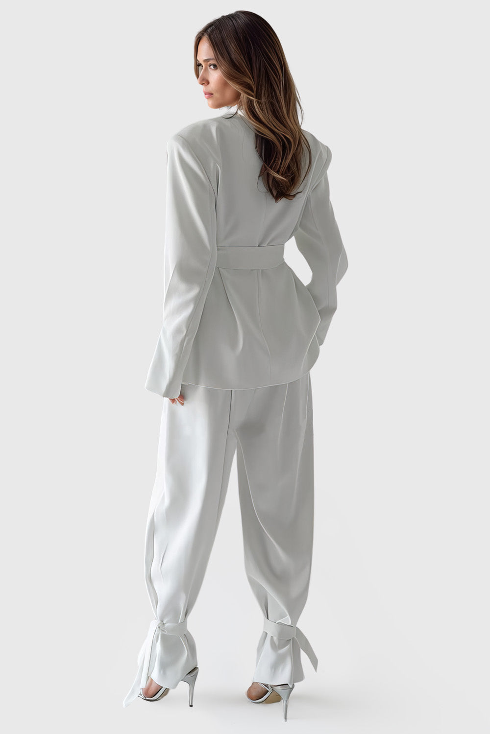 Suit with Belted Blazer and Adjustable Trousers - White