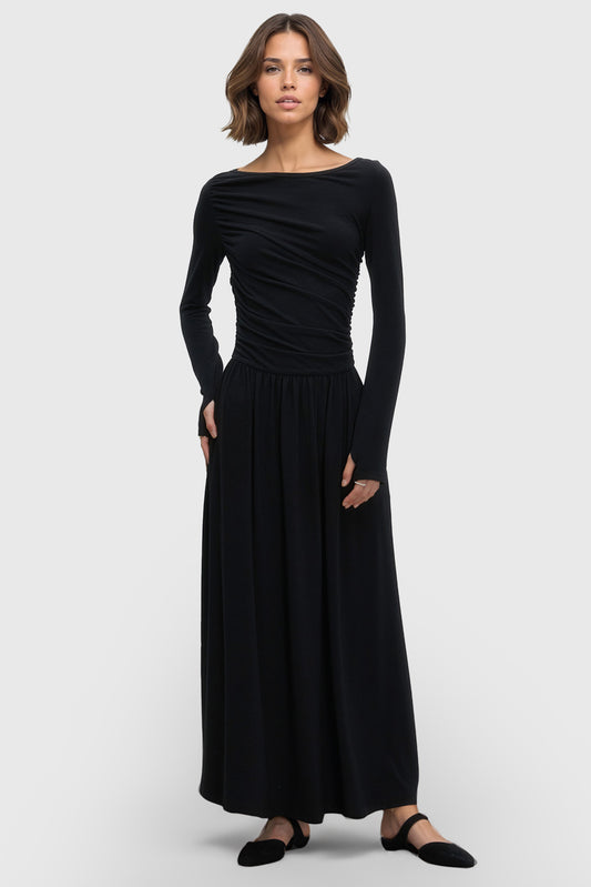 Ruched Midi Dress with Boat Neckline - Black