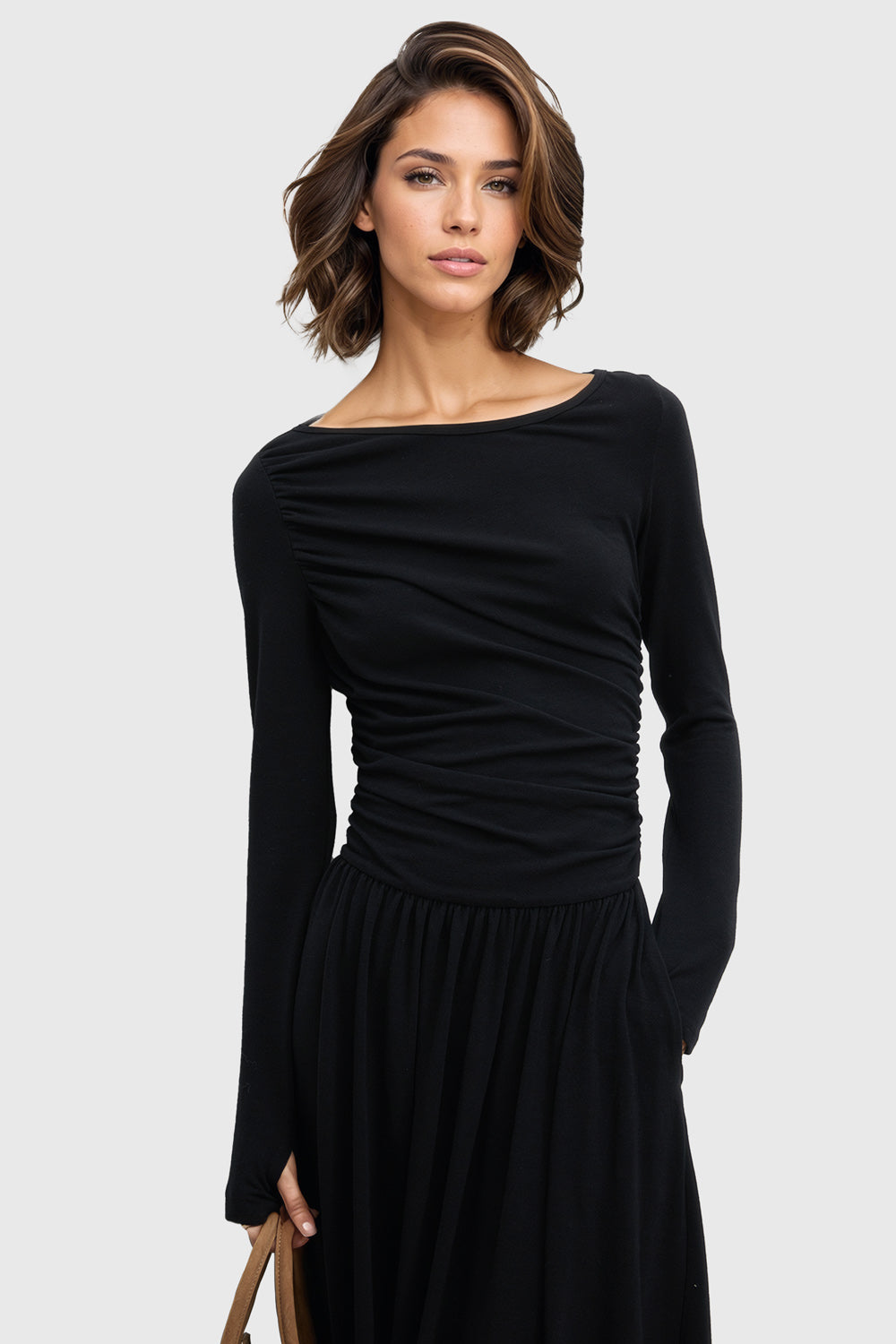 Ruched Midi Dress with Boat Neckline - Black