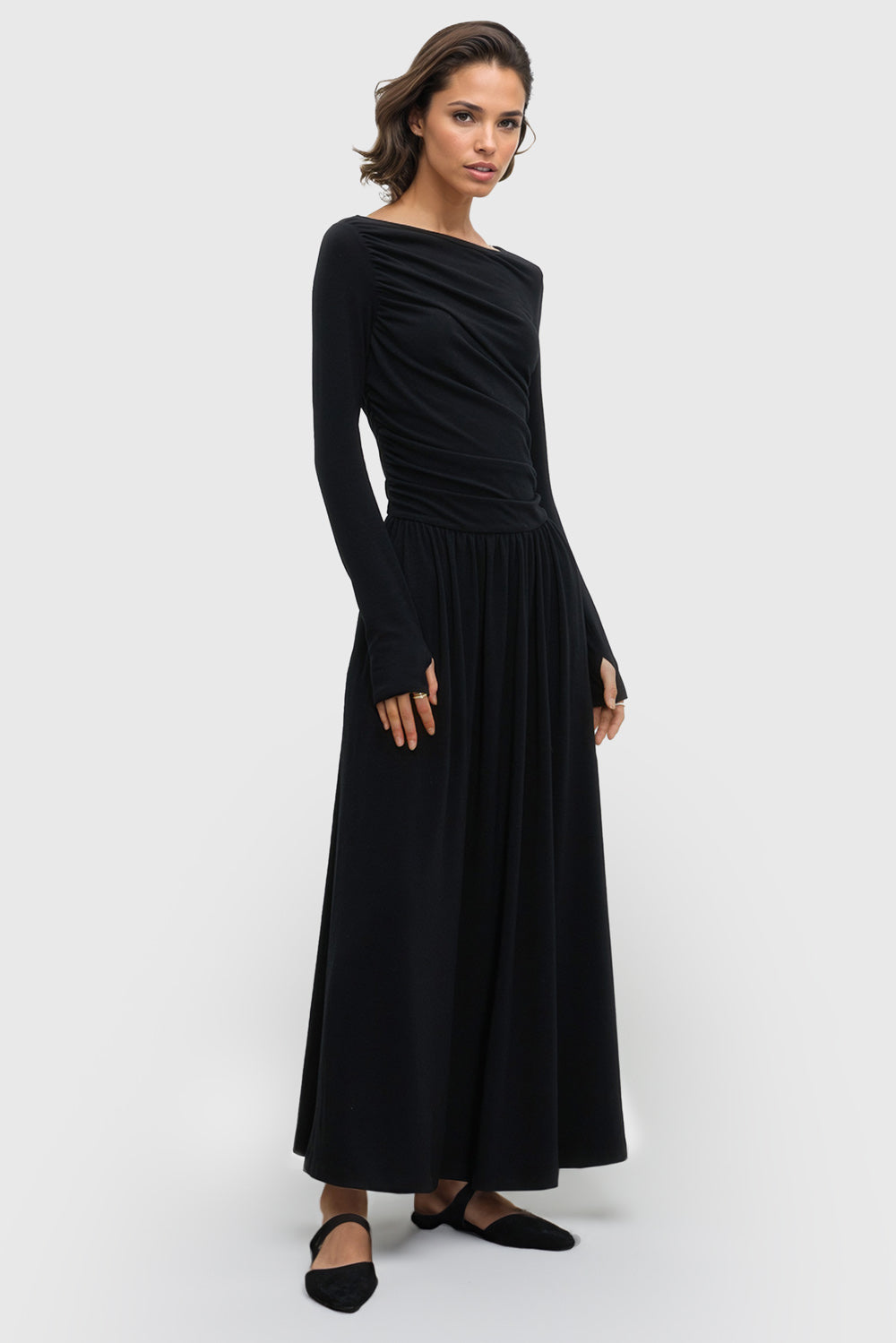 Ruched Midi Dress with Boat Neckline - Black