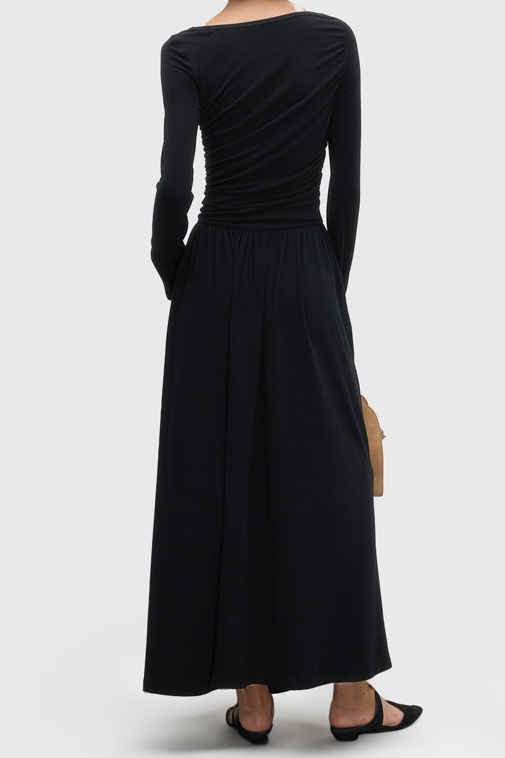 Ruched Midi Dress with Boat Neckline - Black