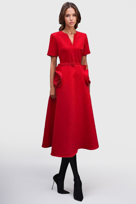 Robe midi à manches courtes avec fleurs - Rouge