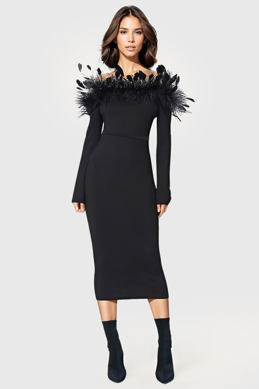 Fitted Midi Dress with Feathers - Black