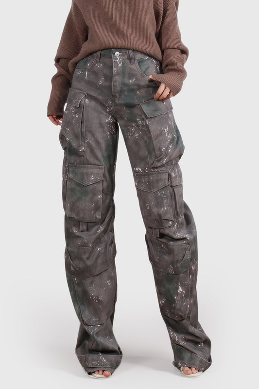 High Waisted Cargo Trousers - Dark Grey