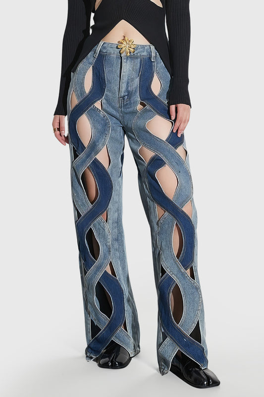 High Waisted Jeans with Spiral Cuts - Blue