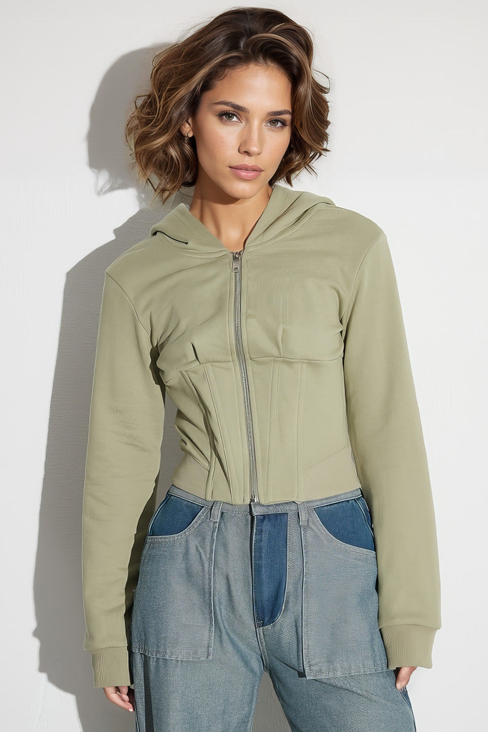 Sweatshirt com fecho de correr e alças - Verde