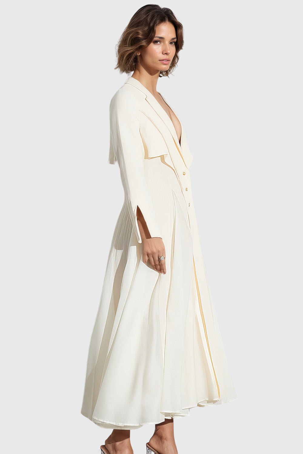 Long Sleeve Maxi Dress with V Neckline - Beige