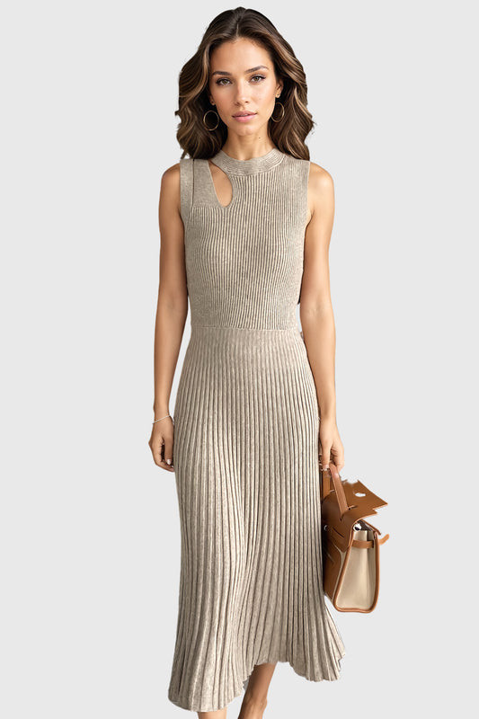 Sleeveless Ribbed Midi Dress - Beige