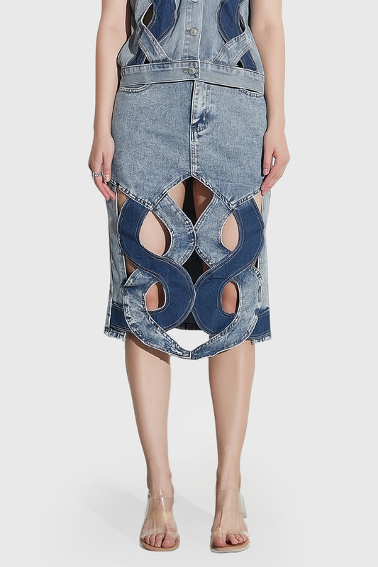 Denim Midi Skirt with Cuts - Blue