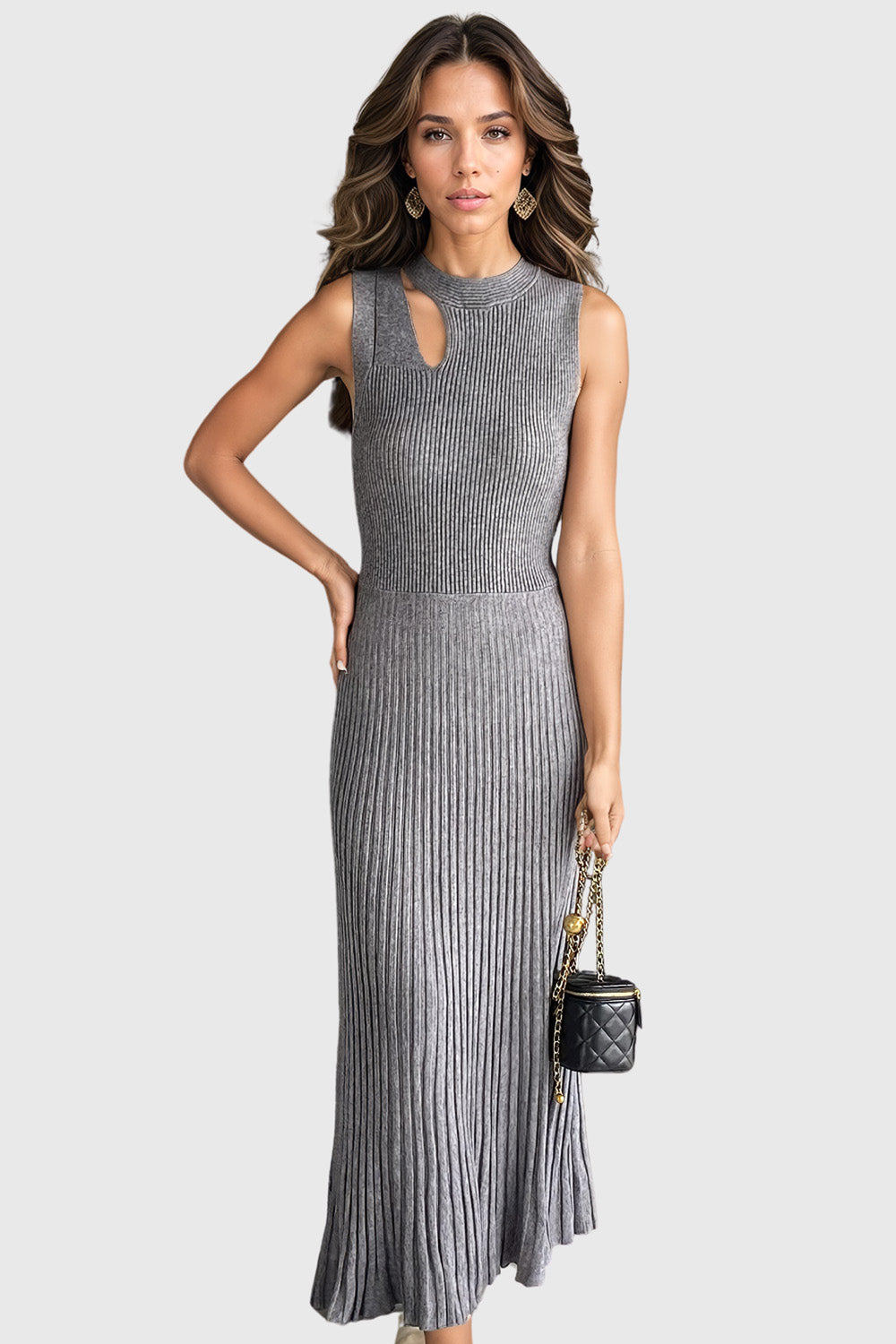 Sleeveless Ribbed Midi Dress - Grey