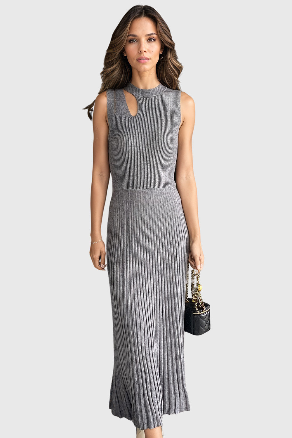 Sleeveless Ribbed Midi Dress - Grey