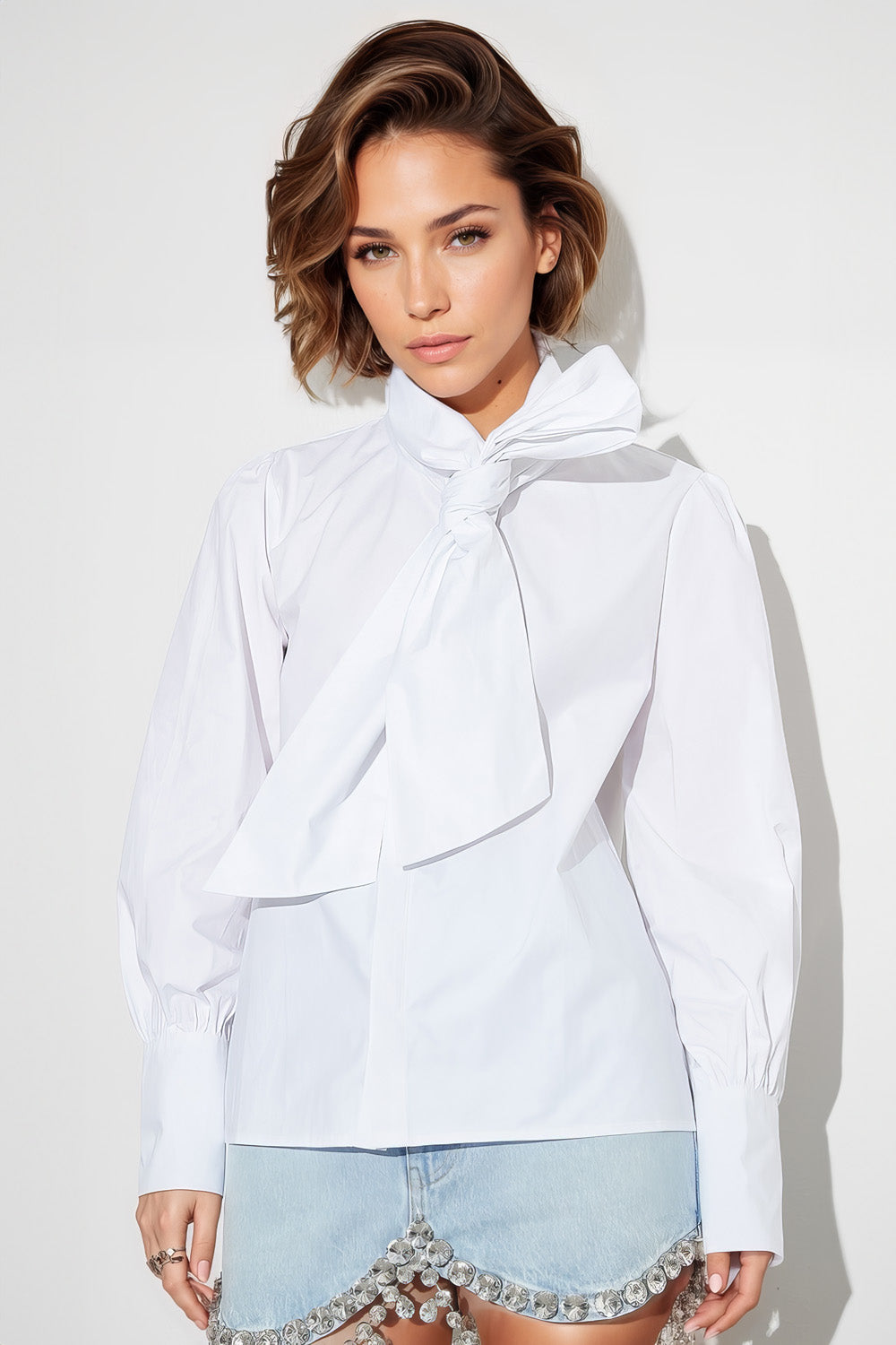 Long Sleeve Shirt with Collar Detail - White