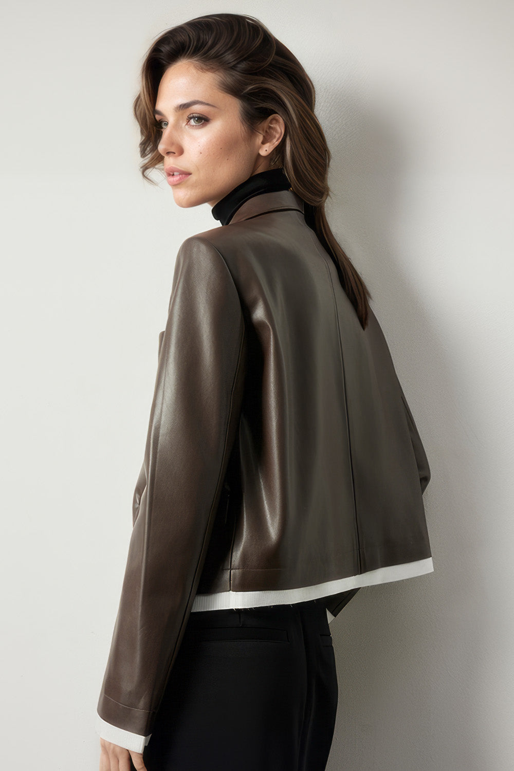 Classic Short Leather Jacket - Brown