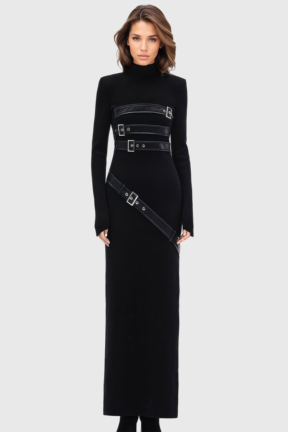 Midi Dress with Leather Belts - Black