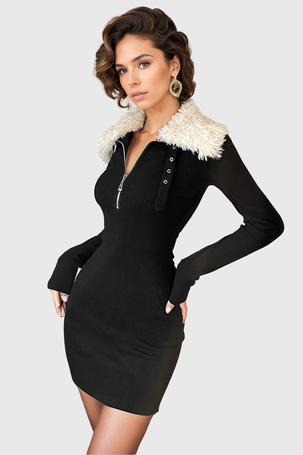 Knitted Short Dress with Fur Collar - Black