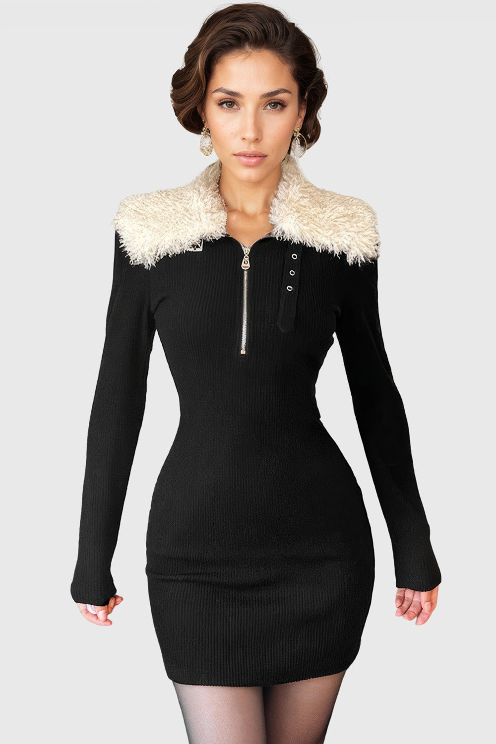 Knitted Short Dress with Fur Collar - Black