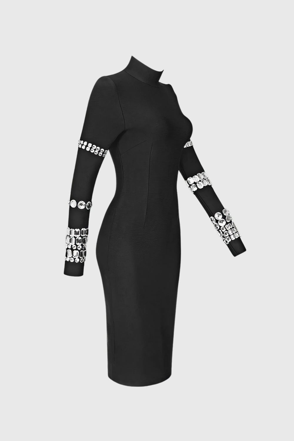 High Neck Midi Dress with Rhinestones - Black