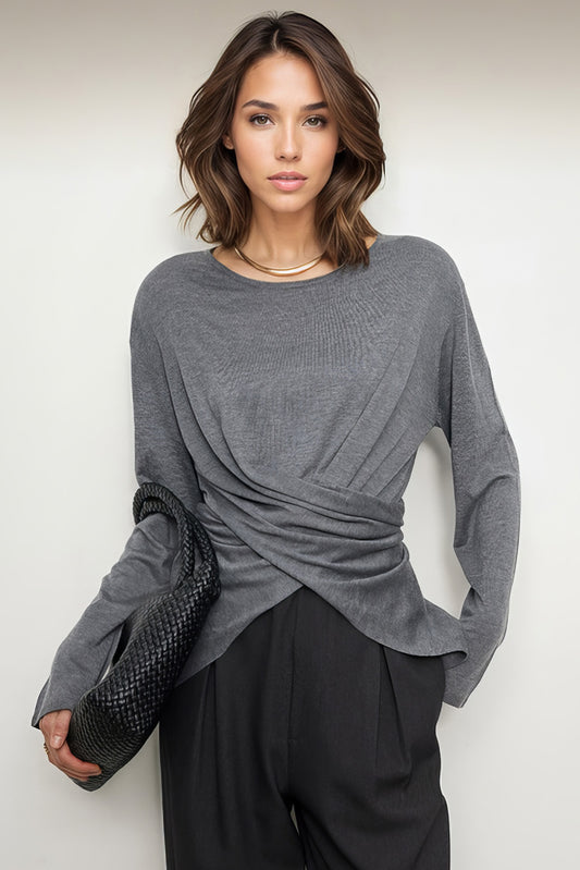 Long Sleeve Top with Criss Cross Detail - Grey