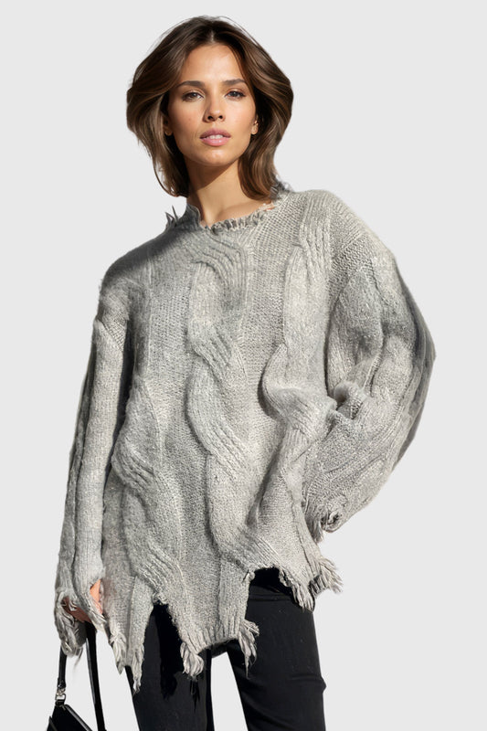 Long Knitted Pullover with Ripping - Grey