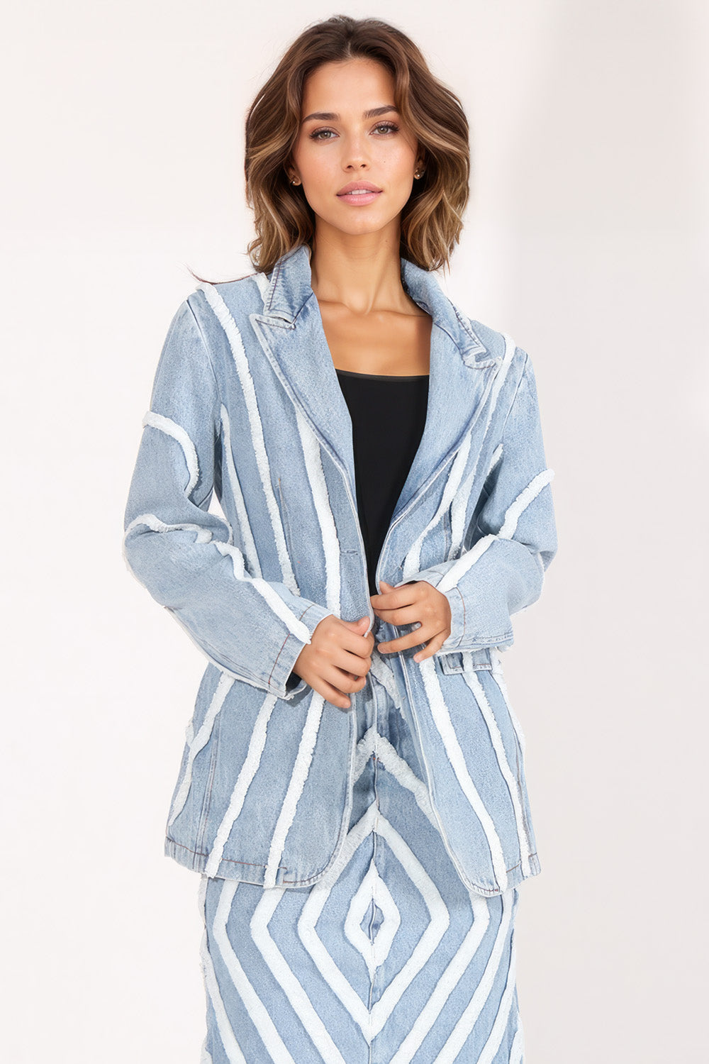 Denim Blazer with Textured Details - Light Blue