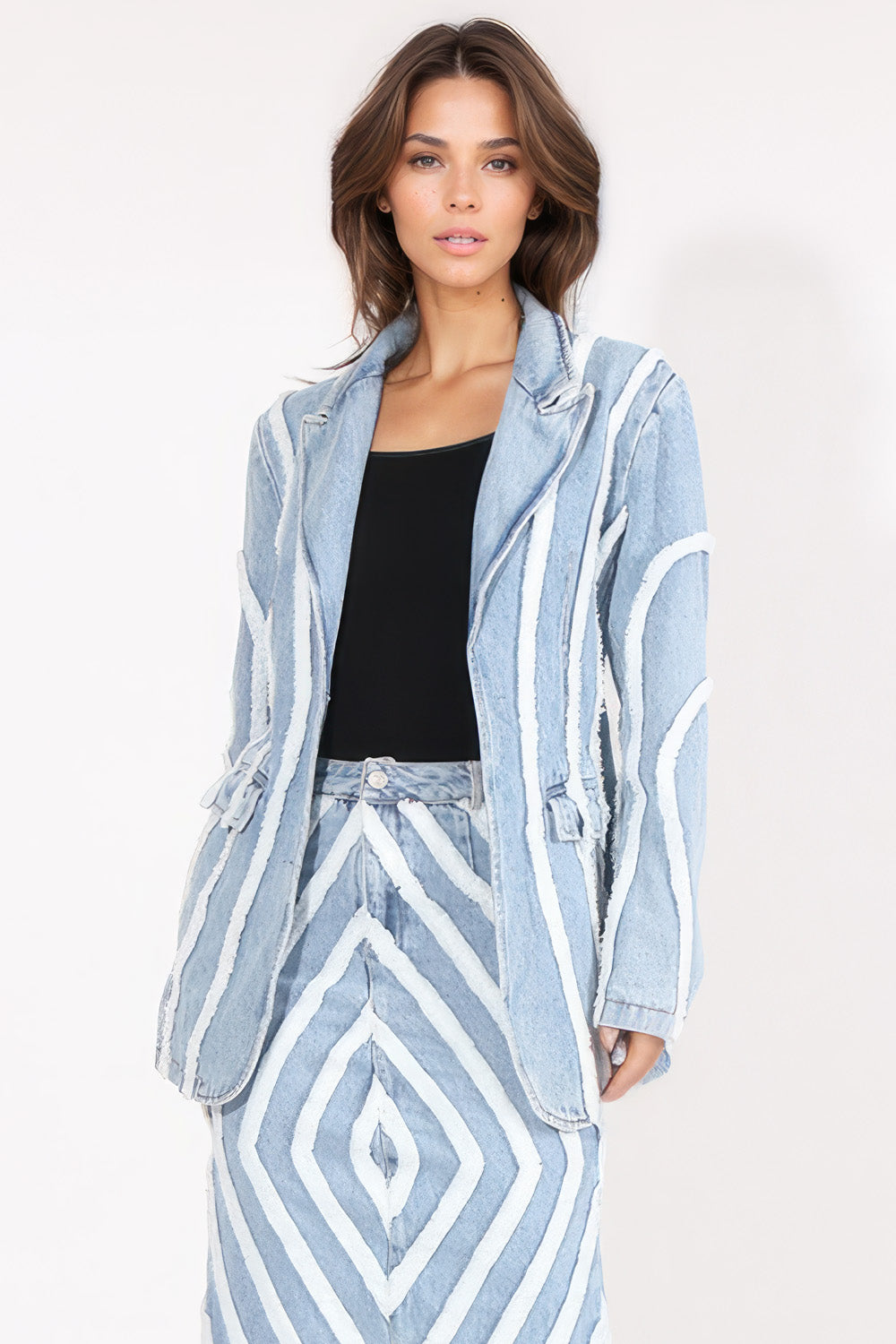 Denim Blazer with Textured Details - Light Blue