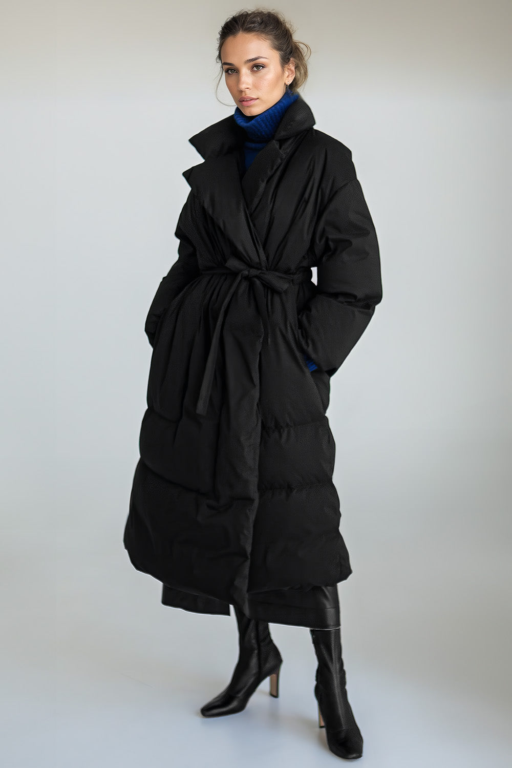 Long Puffer Jacket with Belt - Black