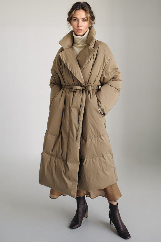 Long Puffer Jacket with Belt - Khaki