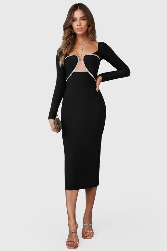 Off Shoulders Midi Dress with Rhinestones - Black