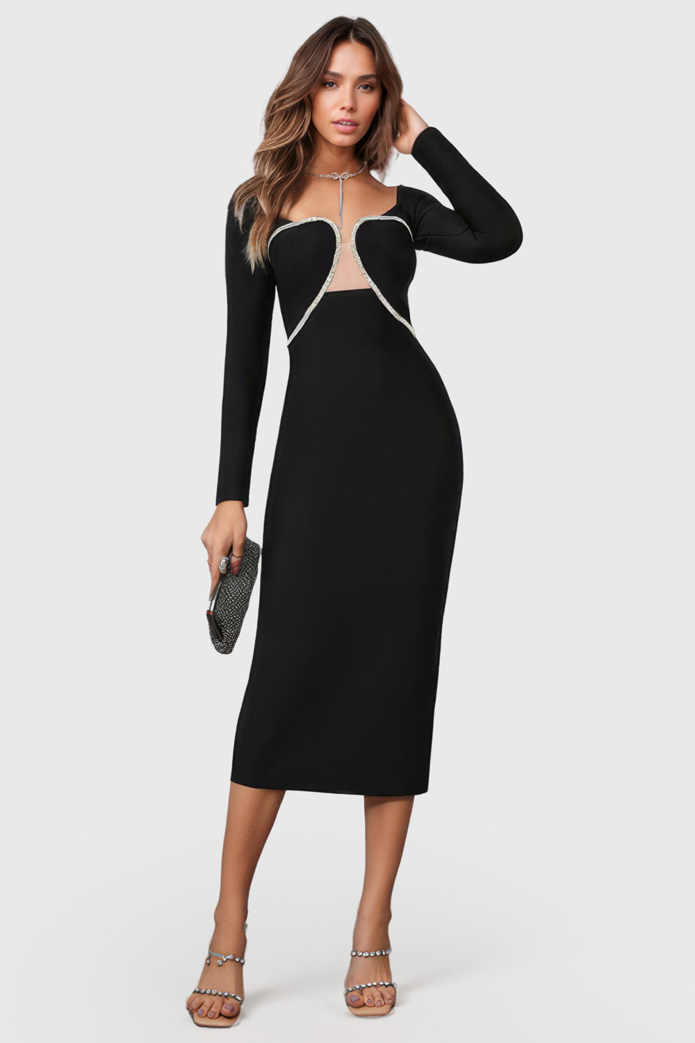 Off Shoulders Midi Dress with Rhinestones - Black