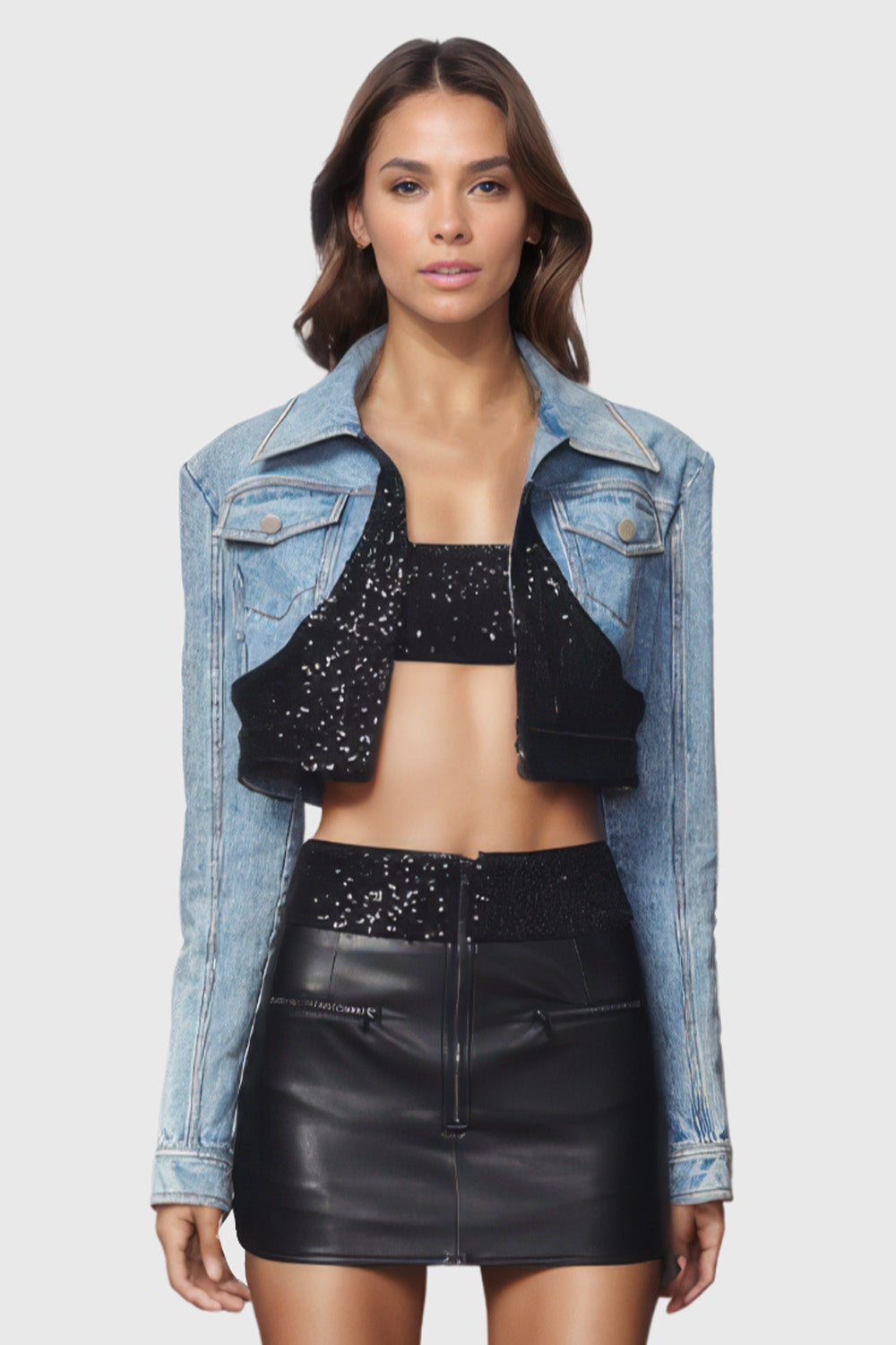 Leather Short Skirt with Sequins - Black