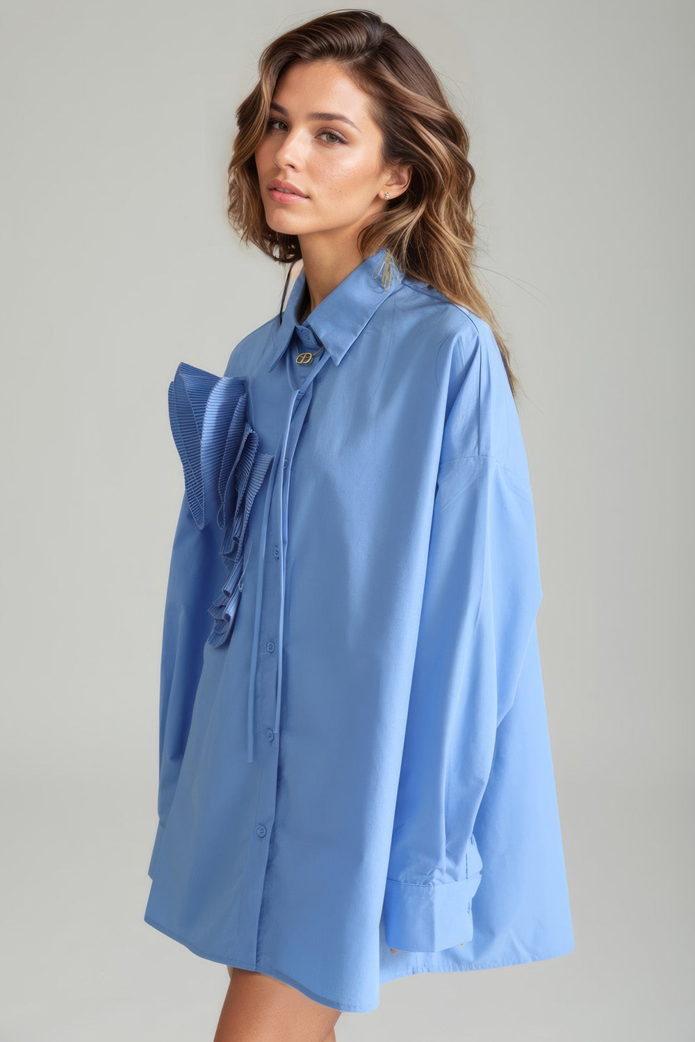 Button-Down Shirt with Flower - Blue