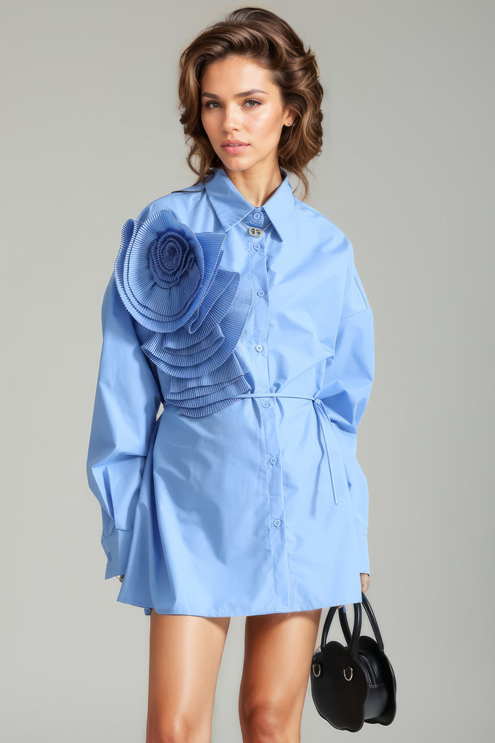 Button-Down Shirt with Flower - Blue