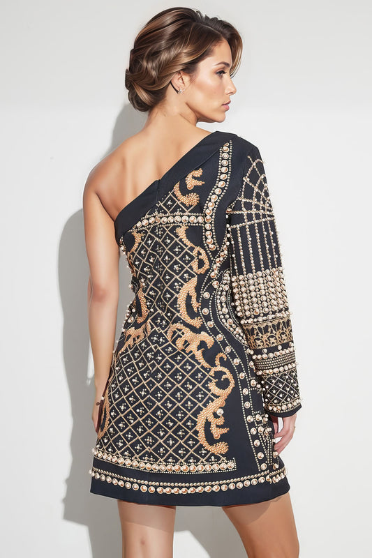 One Shoulder Patterned Dress - Black