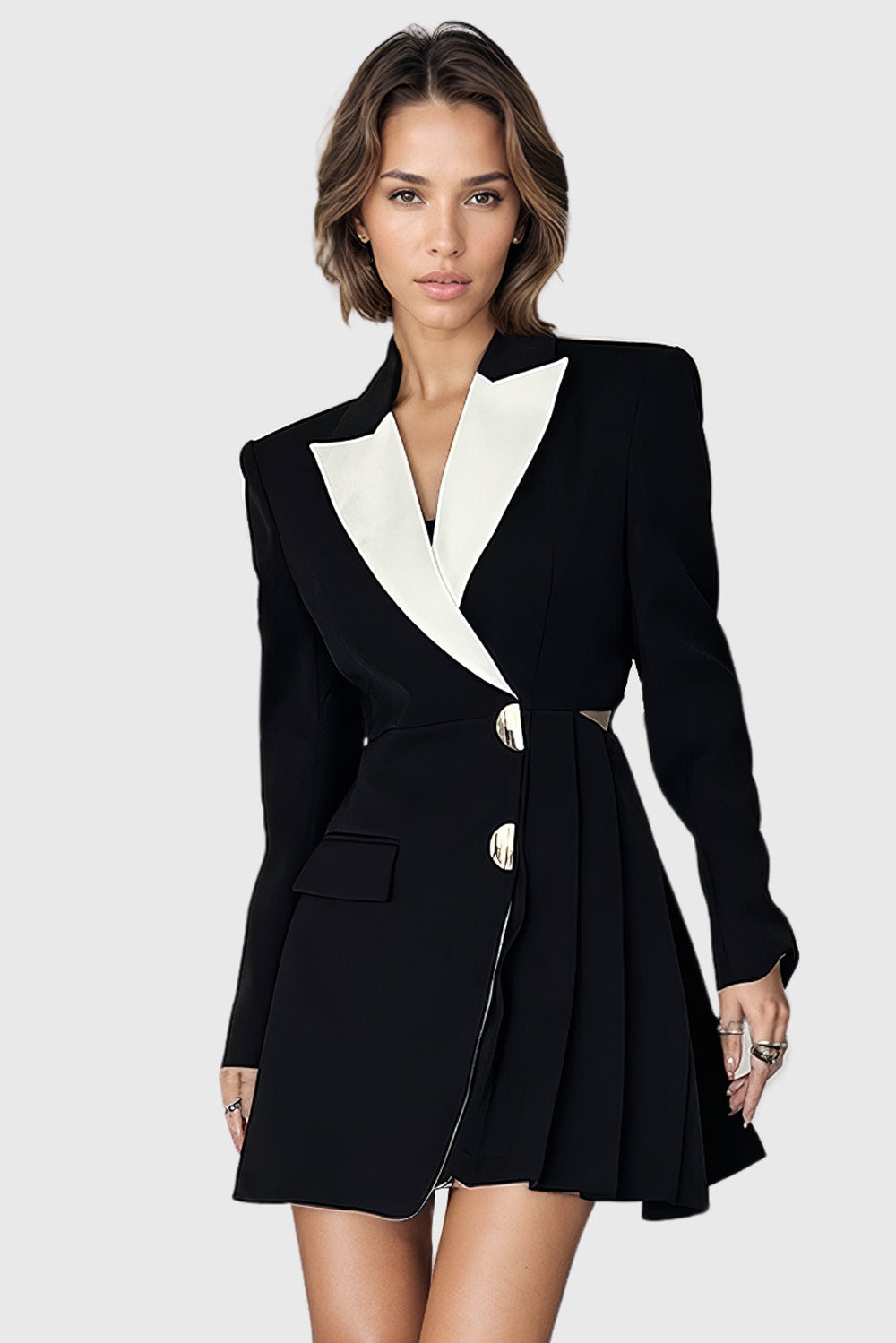 Irregular Closure Blazer Dress - Black & White