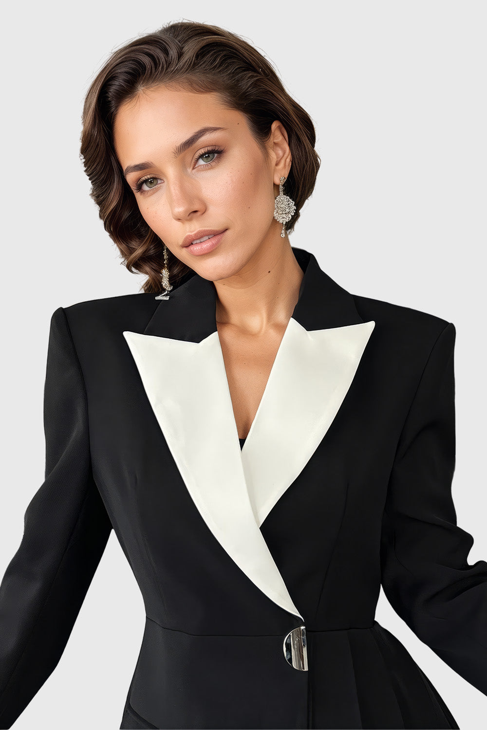 Irregular Closure Blazer Dress - Black & White