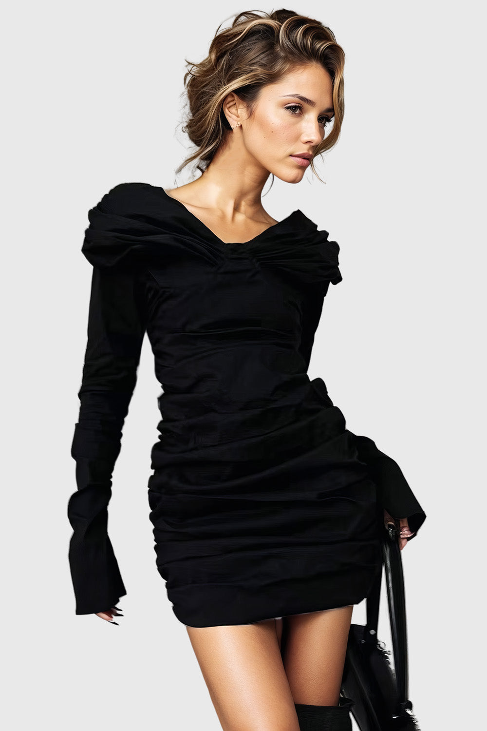 Off Shoulders Ruched Mini Dress - Black