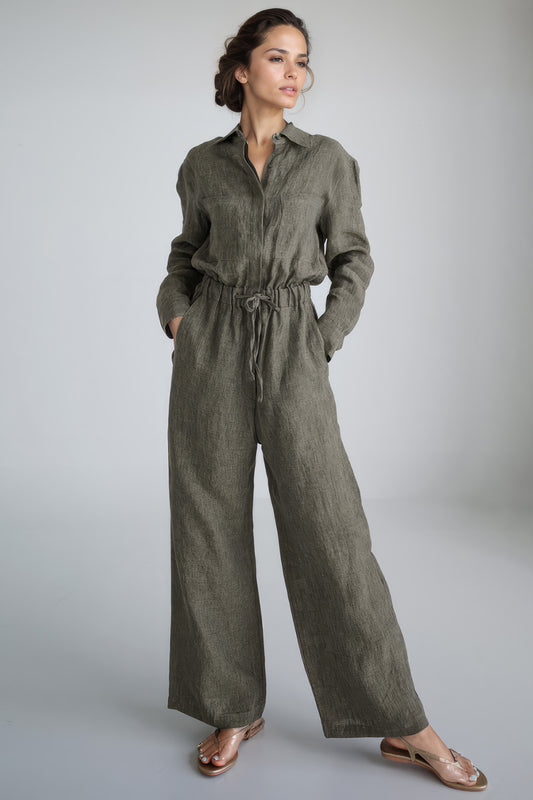 Long Jumpsuit with Elastic Waist - Dark Green