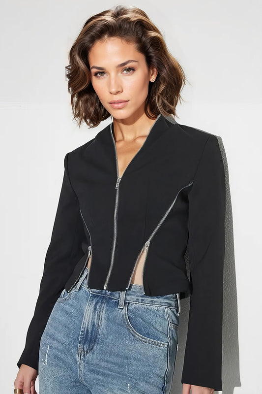 Zip-Up Cropped Jacket - Black