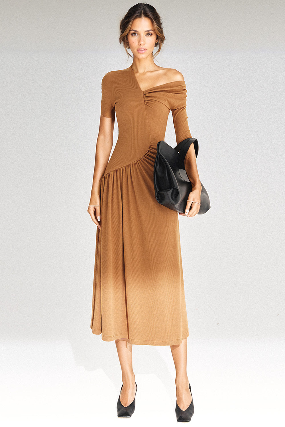 One Shoulder Midi Dress - Brown